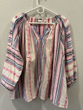 AFF Striped Off-Shoulder Tunic in Cream, Pink & Blue